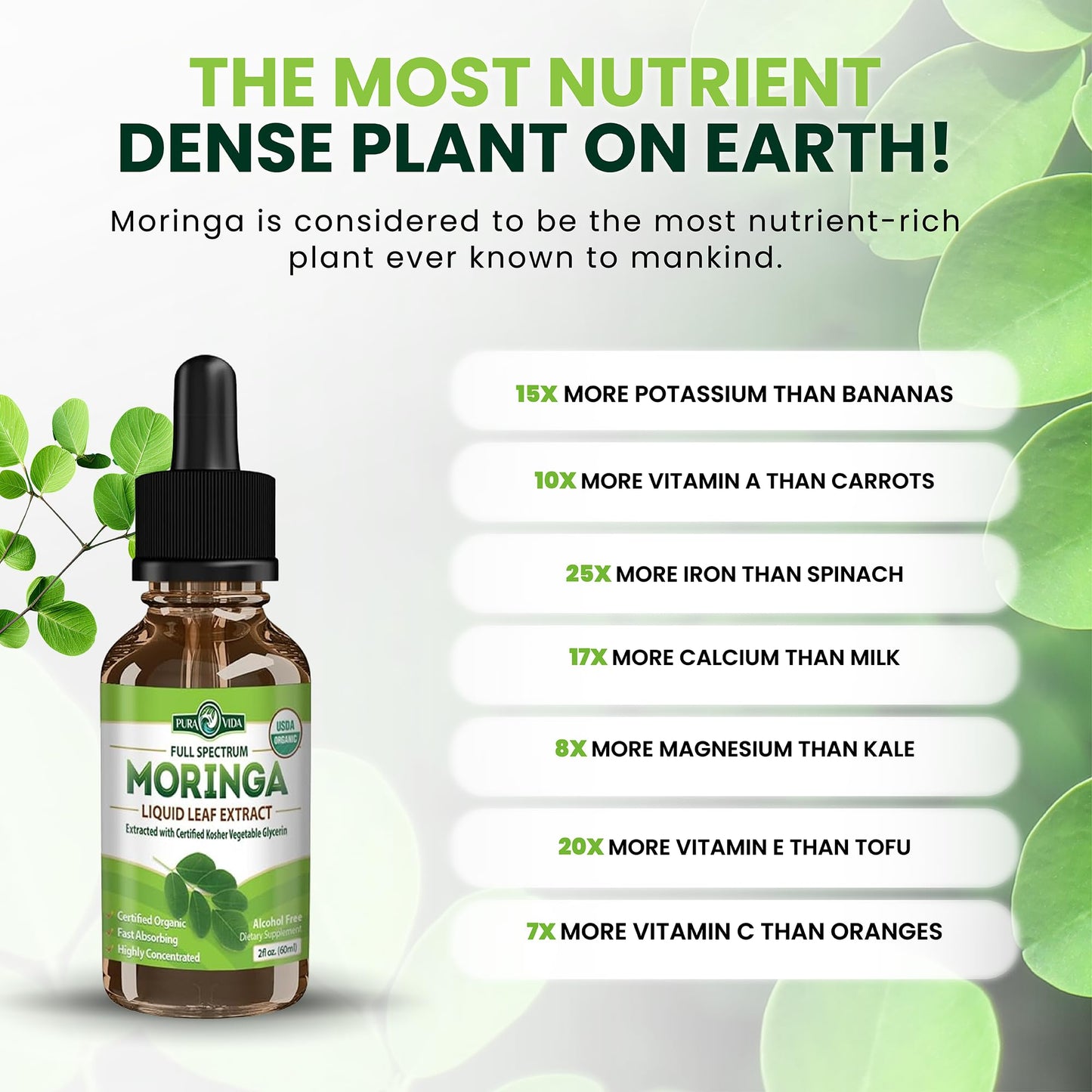 Pura Vida Moringa Leaf Extract Liquid Drops | USDA Organic Bioavailable