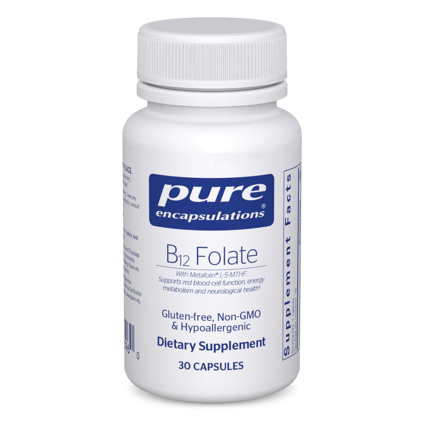 Bottle of pure encapsulations Folic Acid dietary supplement on a white background