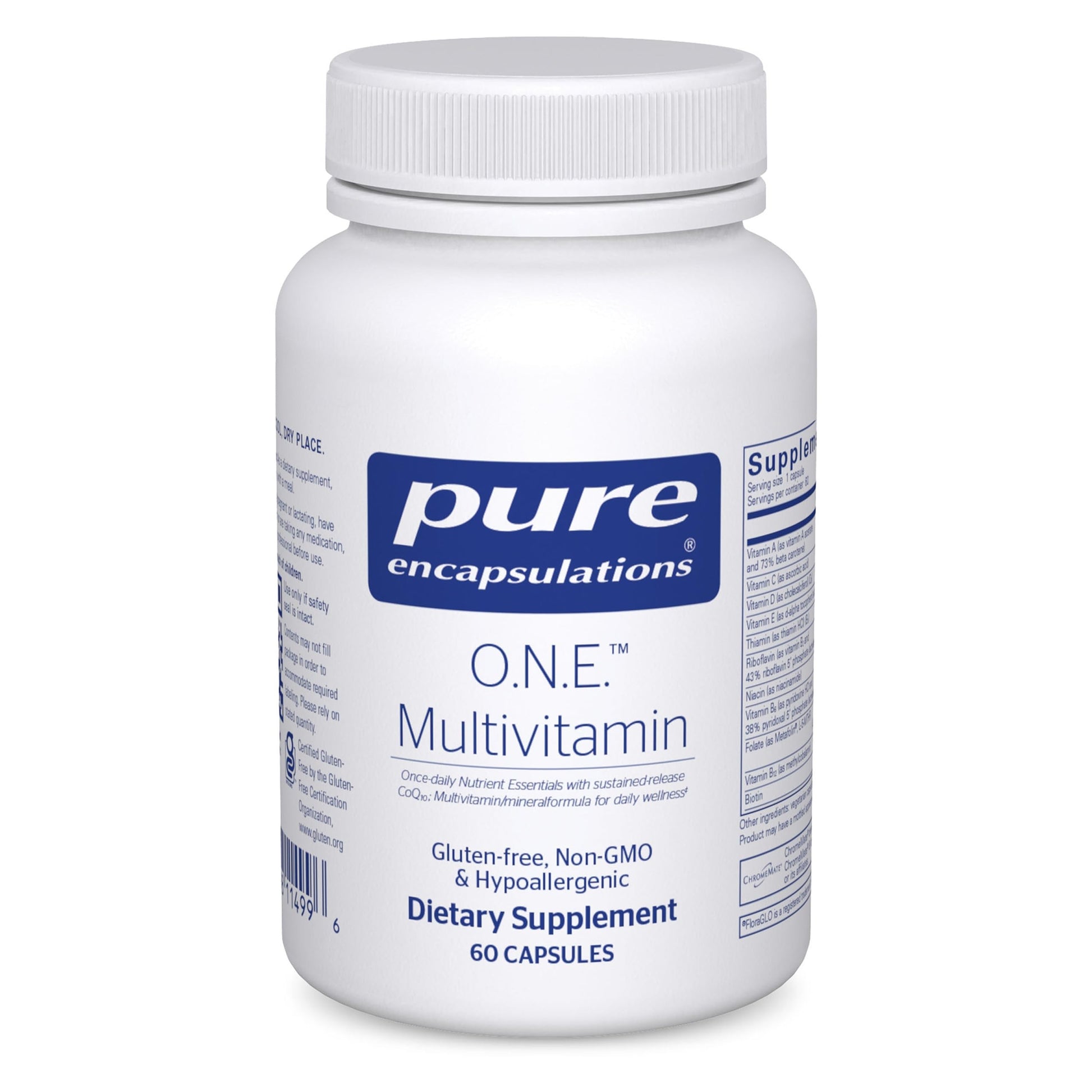 White supplement bottle labeled 'pure encapsulations O.N.E. Multivitamin' on a white background