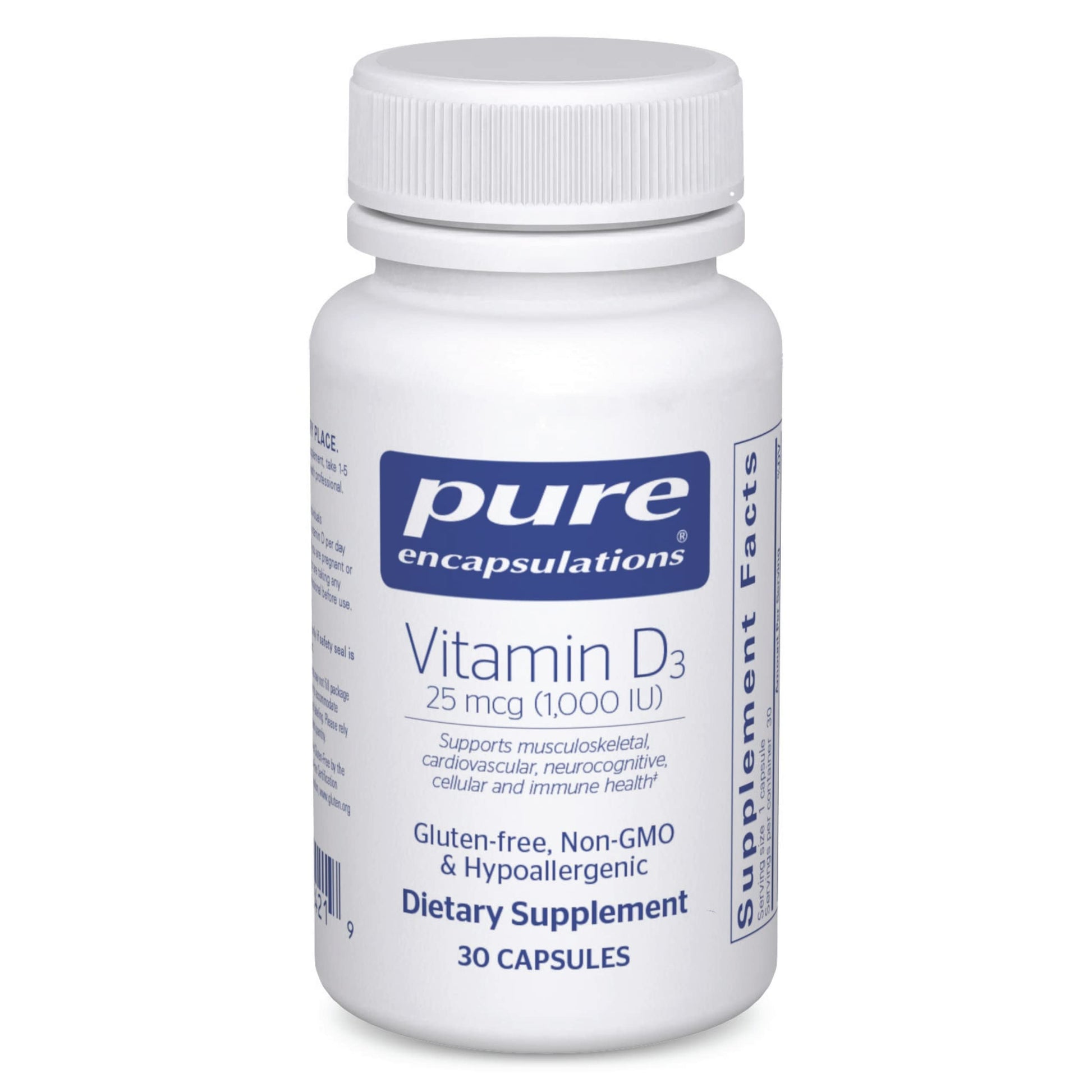 Bottle of Pure Encapsulations Vitamin D3 supplement on a white background