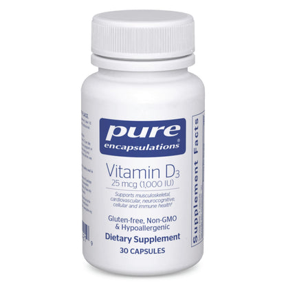 Bottle of Pure Encapsulations Vitamin D3 supplement on a white background
