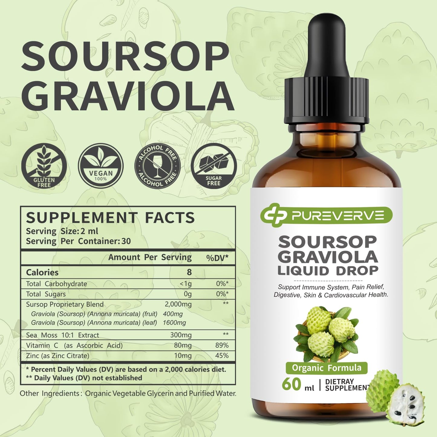 Purever Soursop Graviola Liquid Drops — Liver, Immune & Gut Support, 2fl oz