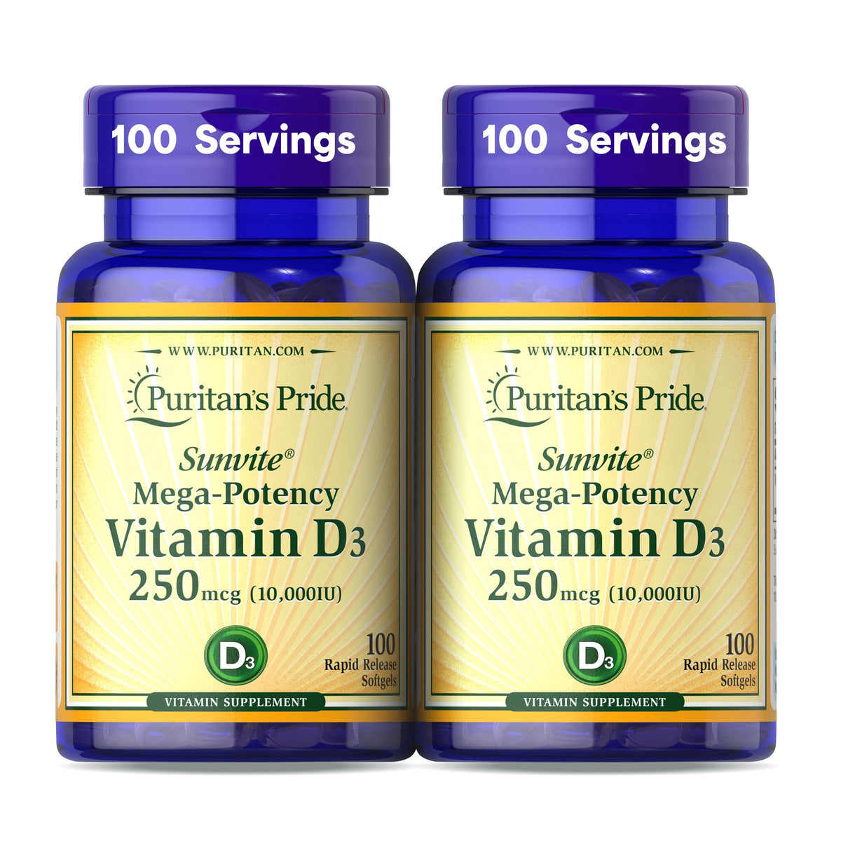 Puritan’s Pride Vitamin D3 10,000 IU Softgels, 2-Pack