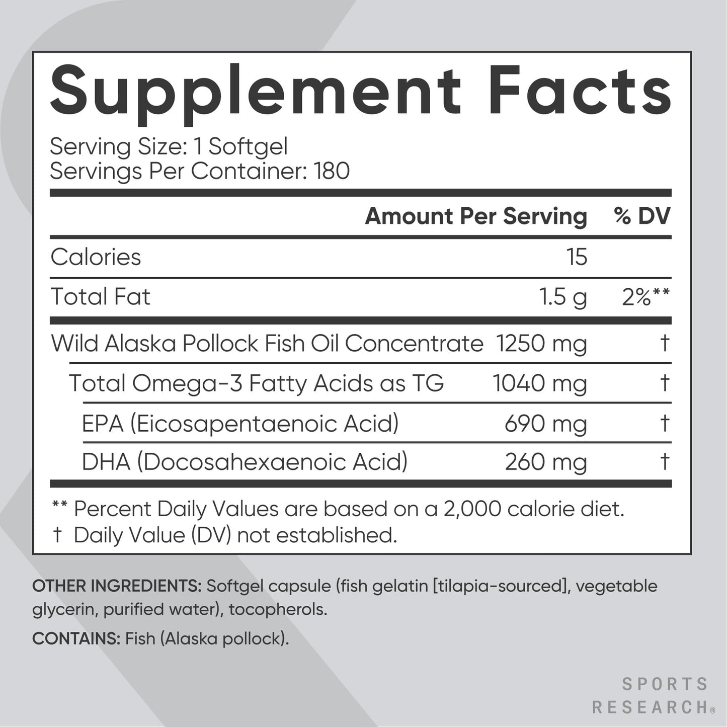 Sports Research Omega-3 Fish Oil 1250 - Triple Strength, MSC Certified, 180 Softgels