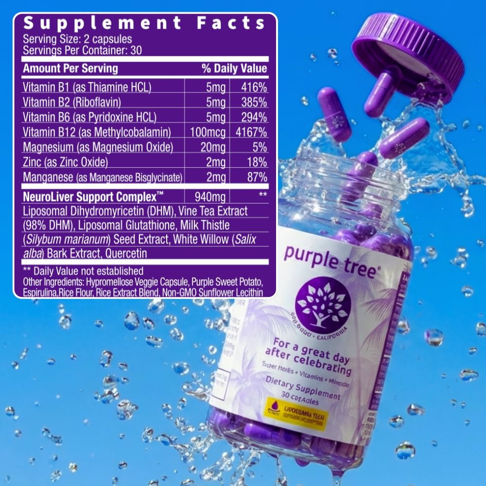 Purple Tree Post-Celebration Wellness Supplement | Liposomal DHM, Glutathione & Milk Thistle for Liver Support | 60 Capsules - Calm Era