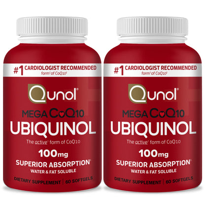 Qunol Mega Ubiquinol CoQ10 100mg – Superior Absorption, Water & Fat-Soluble CoQ10 | 60 Softgels (Pack of 2)