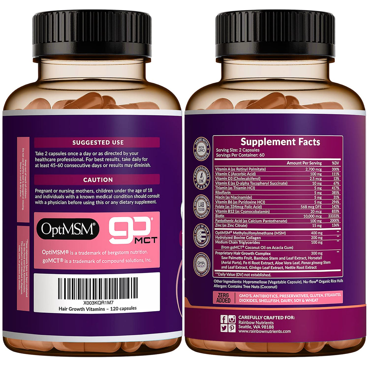 Rainbow Nutrients Hair Growth Vitamins for Women – 2 Pack with Biotin 10,000 mcg, Collagen, OptiMSM, Saw Palmetto - Calm Era