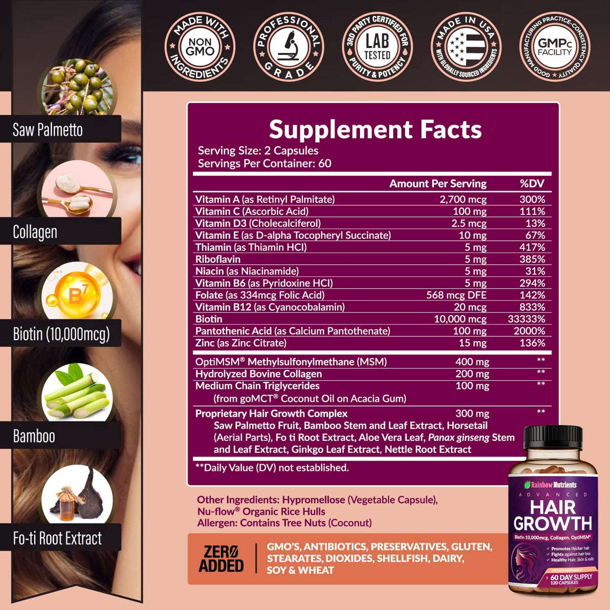 Rainbow Nutrients Hair Growth Vitamins for Women – 2 Pack with Biotin 10,000 mcg, Collagen, OptiMSM, Saw Palmetto - Calm Era