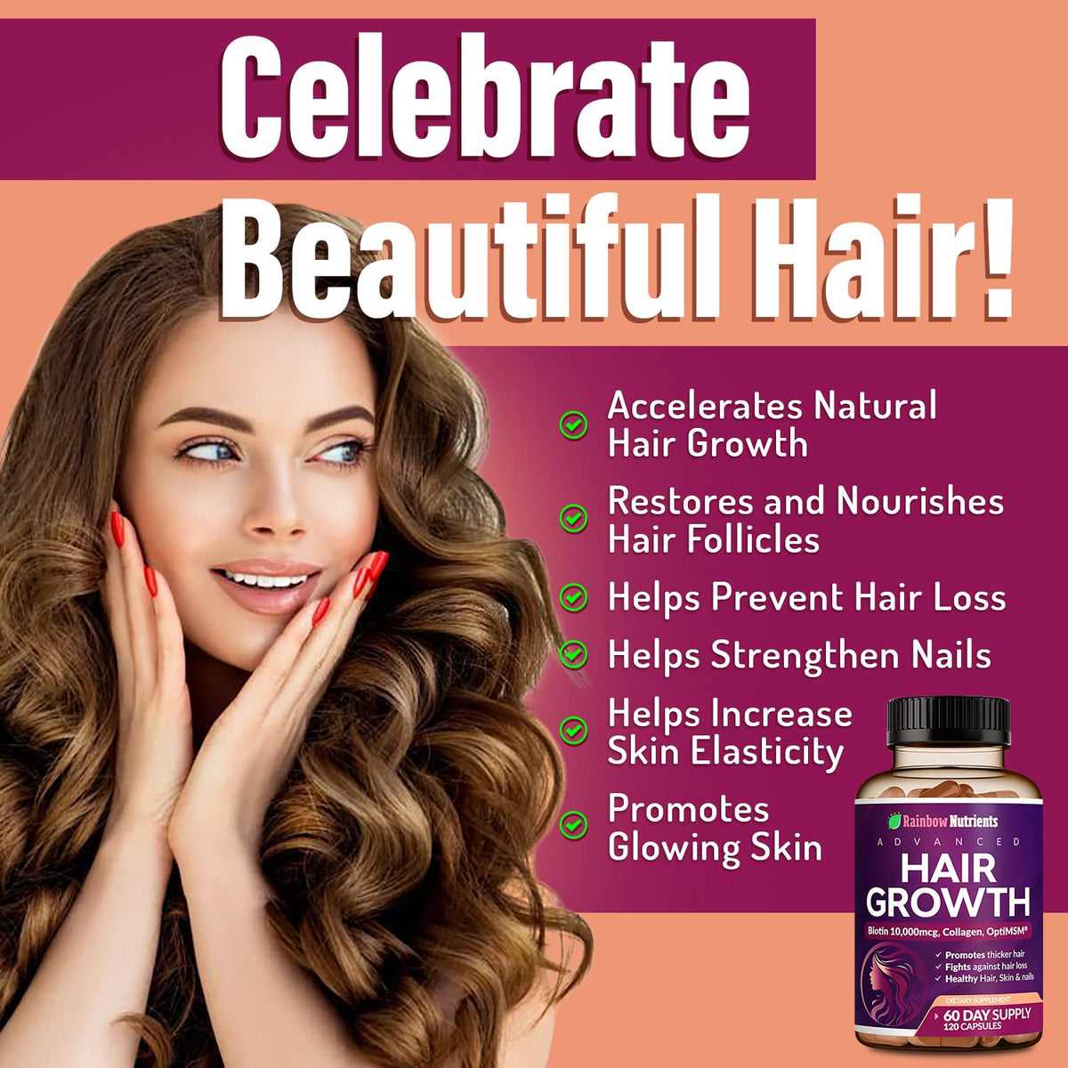 Rainbow Nutrients Hair Growth Vitamins for Women – 2 Pack with Biotin 10,000 mcg, Collagen, OptiMSM, Saw Palmetto - Calm Era