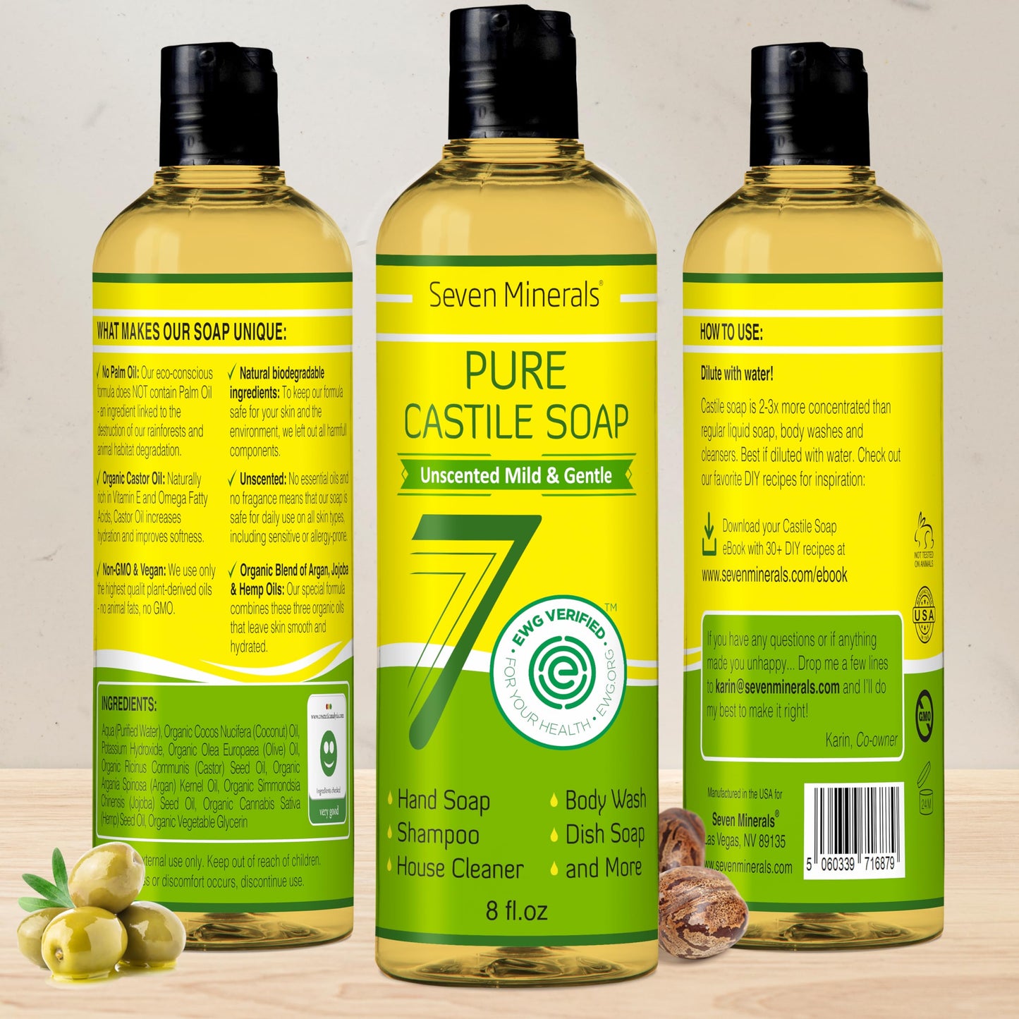 Seven Minerals Pure Castile Soap — Unscented, Sensitive Skin, 8oz
