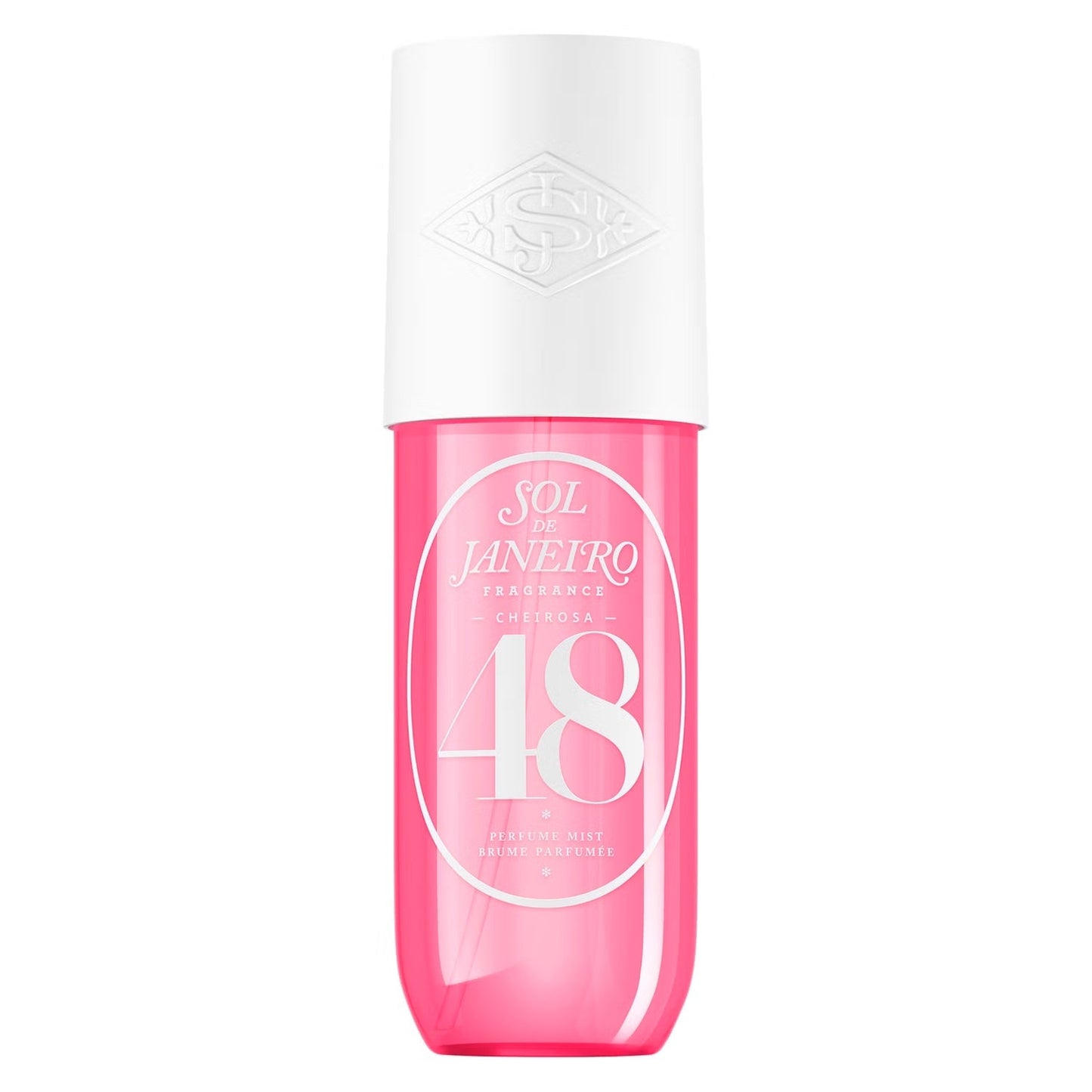 A bottle of Sol de Janeiro Fragrance 48 Intense Mist body perfume, featuring a translucent pink bottle and a white cap with the brand logo embossed.