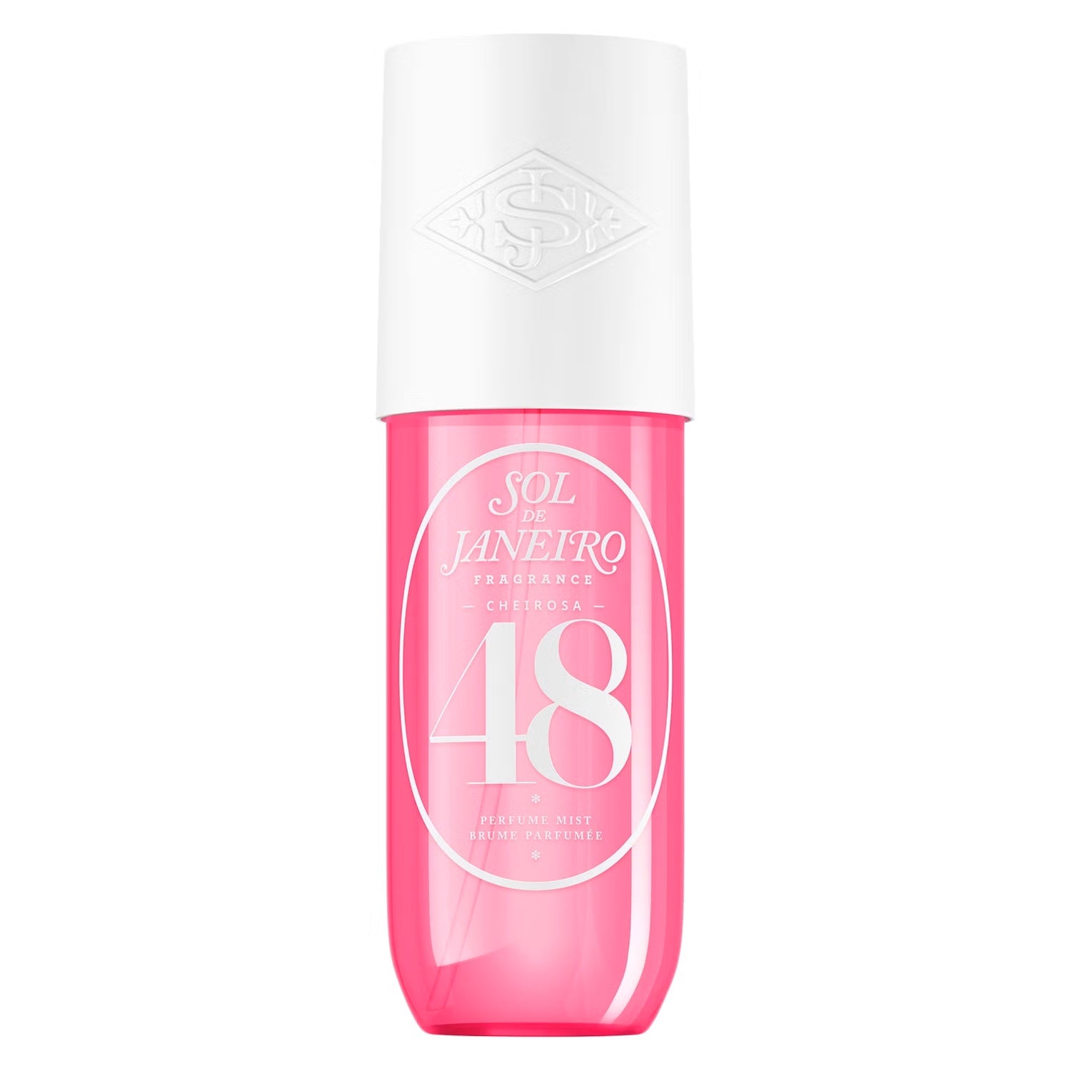 A bottle of Sol de Janeiro Fragrance 48 Intense Mist body perfume, featuring a translucent pink bottle and a white cap with the brand logo embossed.
