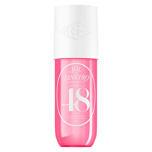 A bottle of Sol de Janeiro Fragrance 48 Intense Mist body perfume, featuring a translucent pink bottle and a white cap with the brand logo embossed.