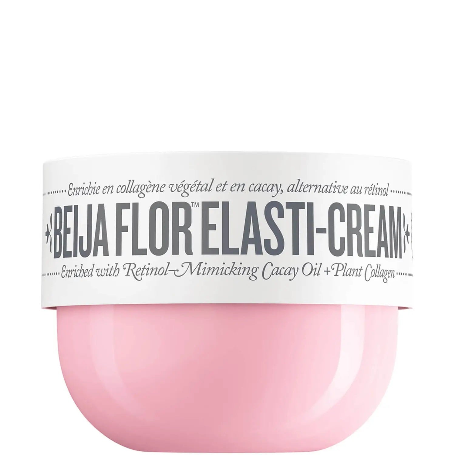 Pink jar of Belja Flor Elasti-Cream with white label on a white background