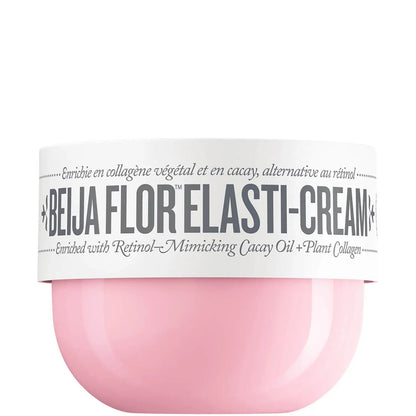 Pink jar of Belja Flor Elasti-Cream with white label on a white background