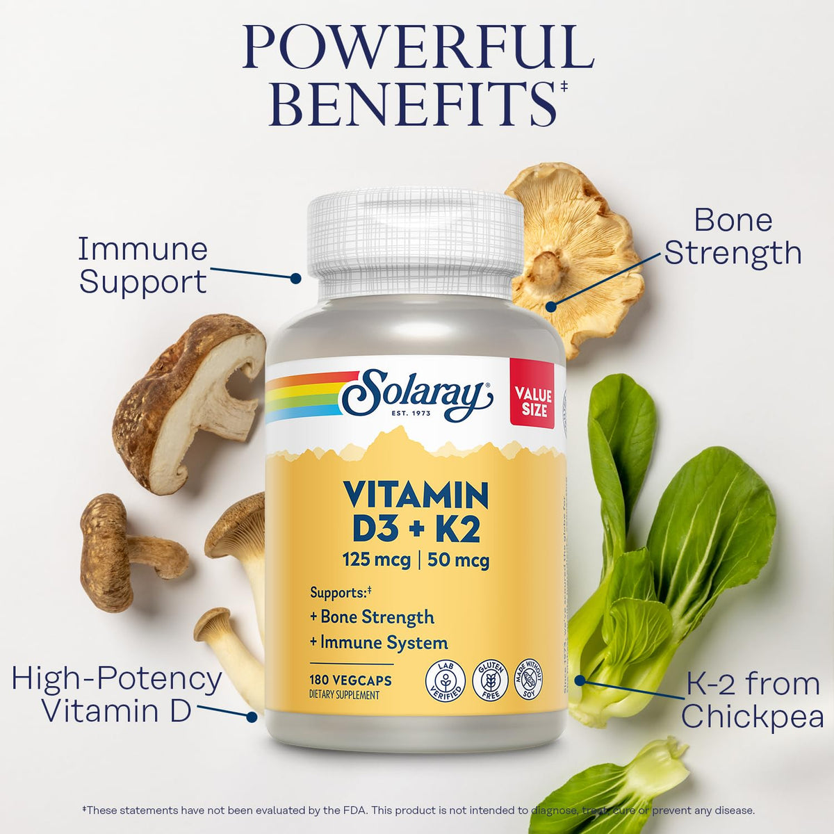 SOLARAY Vitamin D3 K2 5000 IU/50 mcg MK-7 – Bone & Immune Support (Soy-Free, 180 VegCaps) - Calm Era