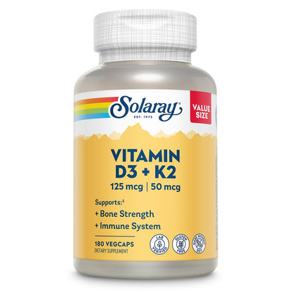 SOLARAY Vitamin D3 K2 5000 IU/50 mcg MK-7 – Bone & Immune Support (Soy-Free, 180 VegCaps) - Calm Era