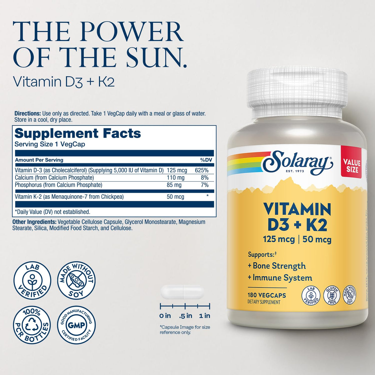 SOLARAY Vitamin D3 K2 5000 IU/50 mcg MK-7 – Bone & Immune Support (Soy-Free, 180 VegCaps) - Calm Era