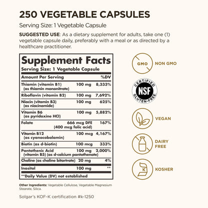 Solgar B-Complex 100 – Energy & Nervous System Support | 250 Veg Capsules