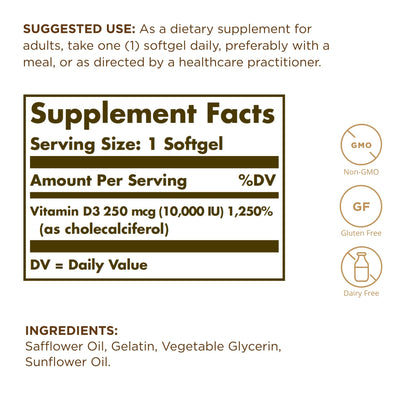 Solgar Vitamin D3 10,000 IU Softgels – 120ct 3 Pack