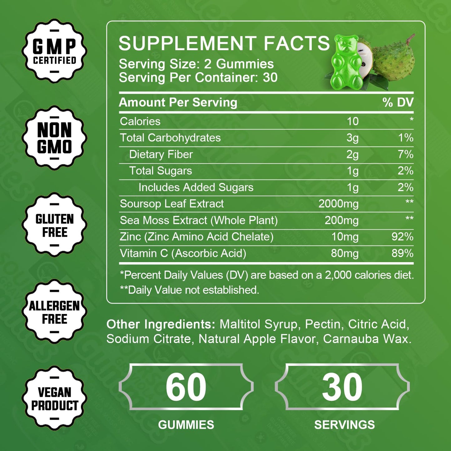 Soursop Graviola Gummies 2200mg — Sea Moss, Vitamin C & Zinc, 2 Pack