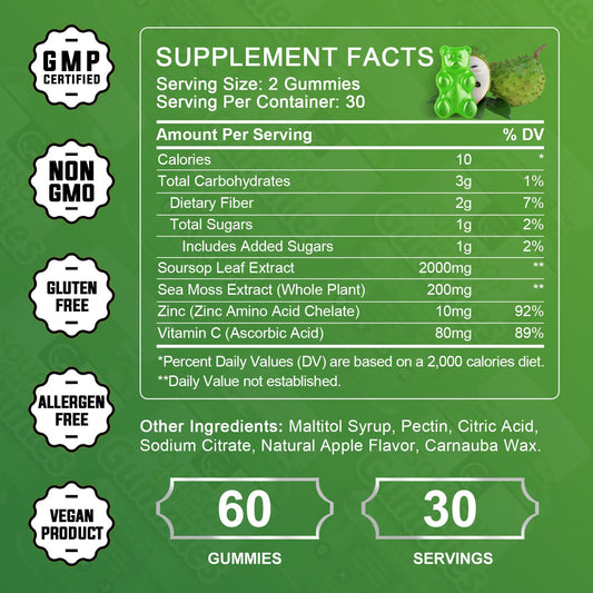 Soursop Graviola Gummies 2200mg — Sea Moss, Vitamin C & Zinc, 2 Pack