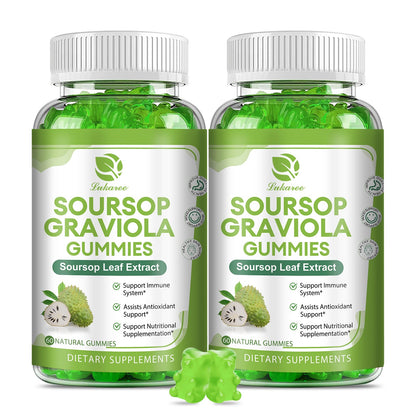 Two bottles of Soursop Graviola Gummies with green gummy bears on a white background.