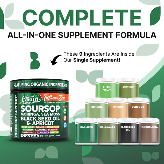 Clean Nutra Soursop Supplement with Moringa, Sea Moss & Berberine 90ct