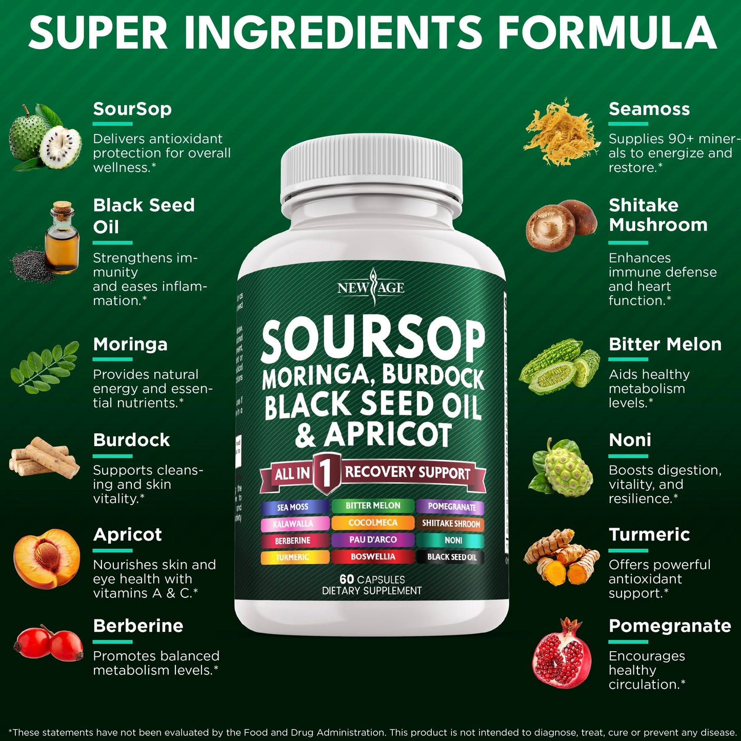 Soursop All-in-One Supplement with Moringa, Sea Moss & Berberine 120ct