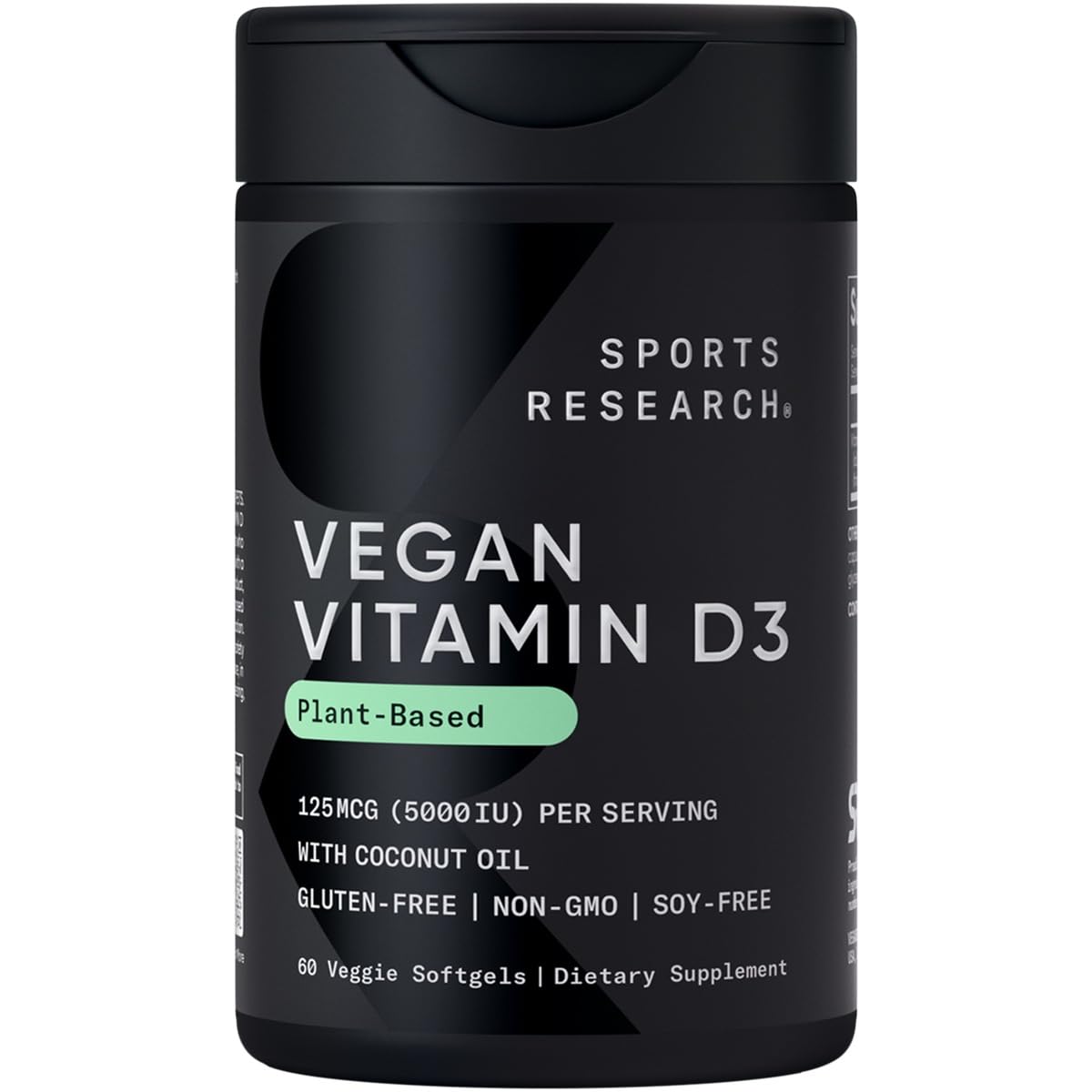 Black supplement container labeled 'Vegan Vitamin D3' by Sports Research on a white background