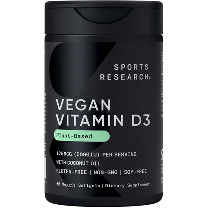 Black supplement container labeled 'Vegan Vitamin D3' by Sports Research on a white background