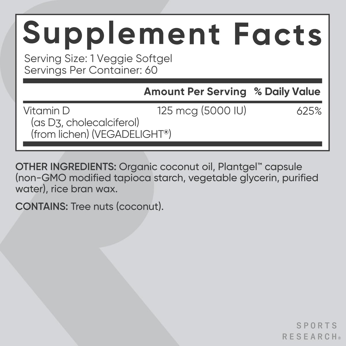 Sports Research Vegan Vitamin D3 5000 IU — 60 Softgels