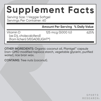 Sports Research Vegan Vitamin D3 5000 IU — 60 Softgels