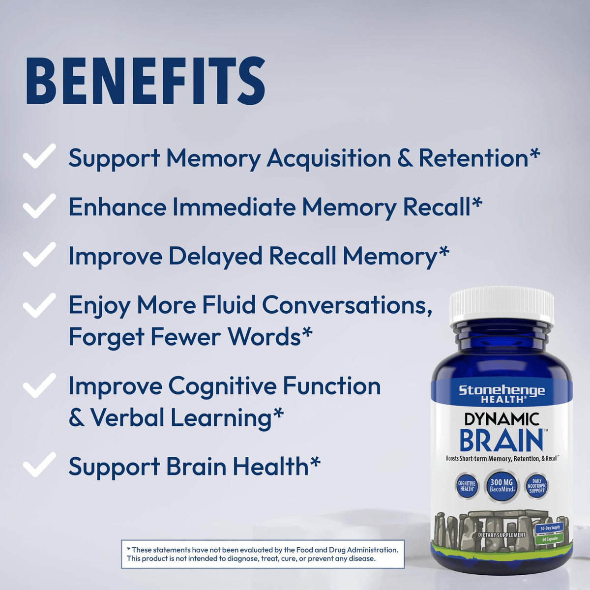 Stonehenge Health Dynamic Brain Supplement with BacoMind – Memory, Retention & Recall (40 Nootropics) - Calm Era