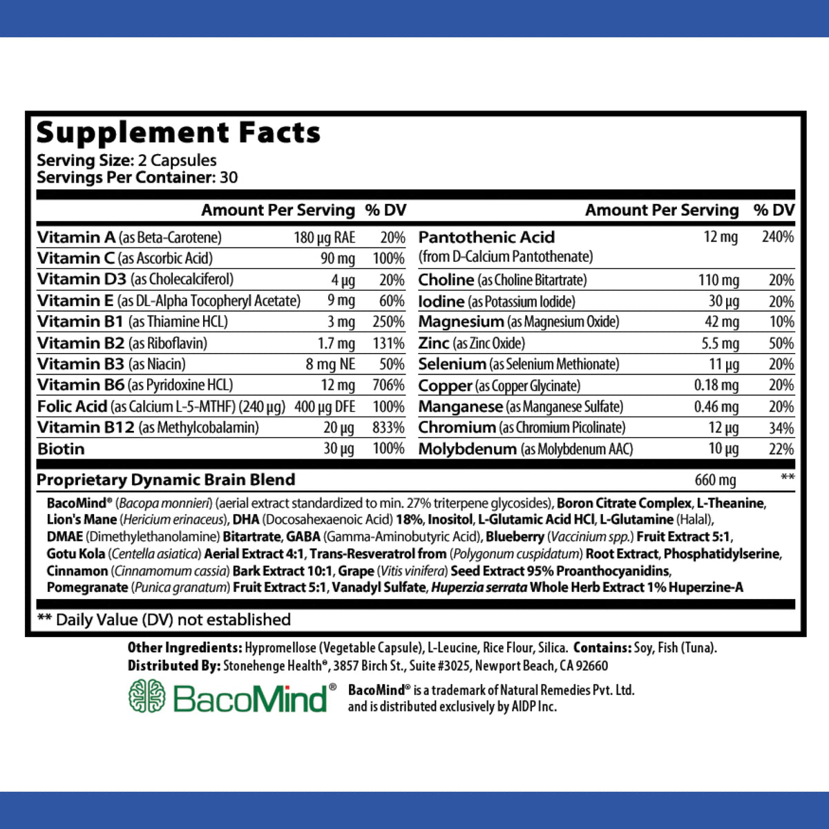 Stonehenge Health Dynamic Brain Supplement with BacoMind – Memory, Retention & Recall (40 Nootropics) - Calm Era