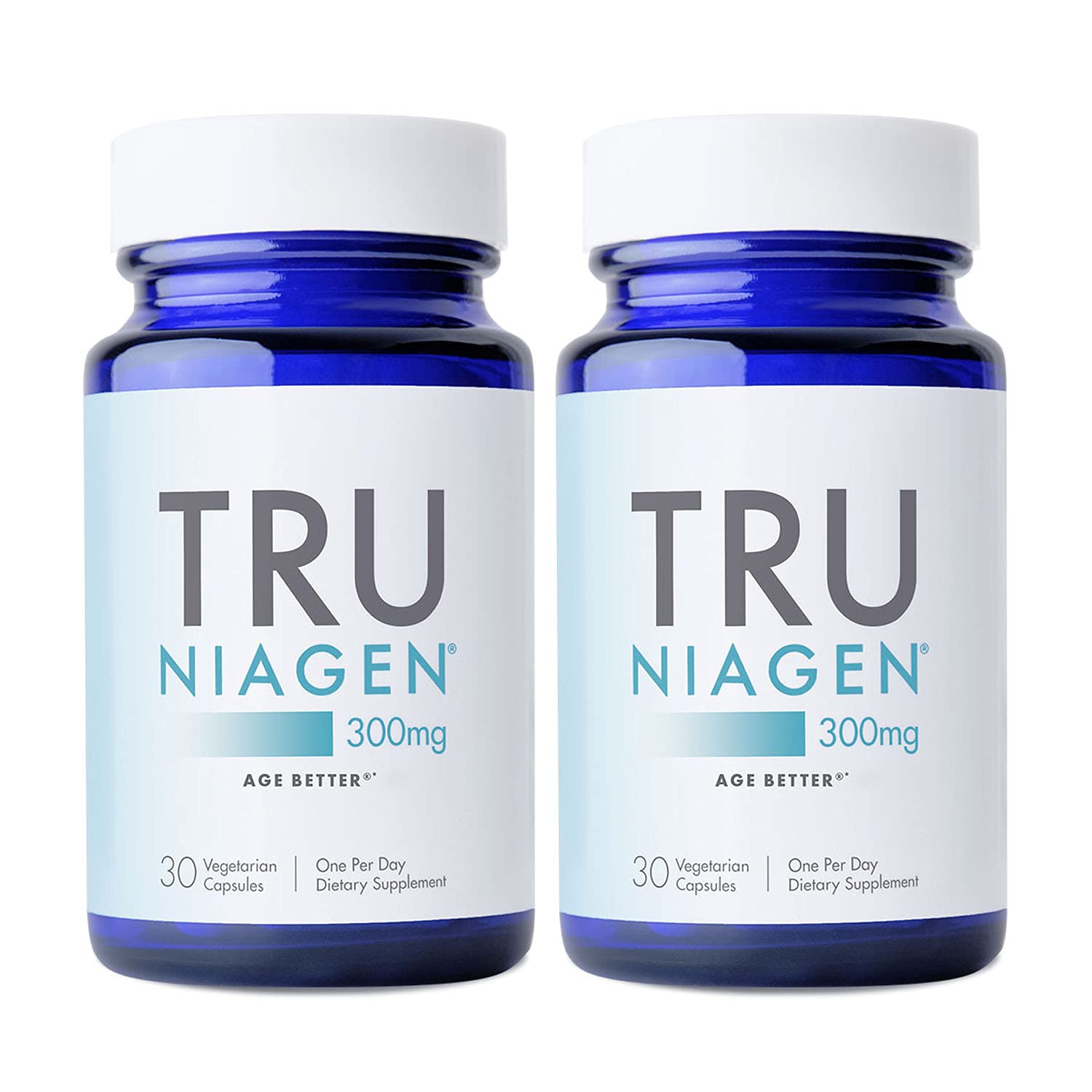 Two bottles of Tru Niagen 300mg dietary supplements on a white background