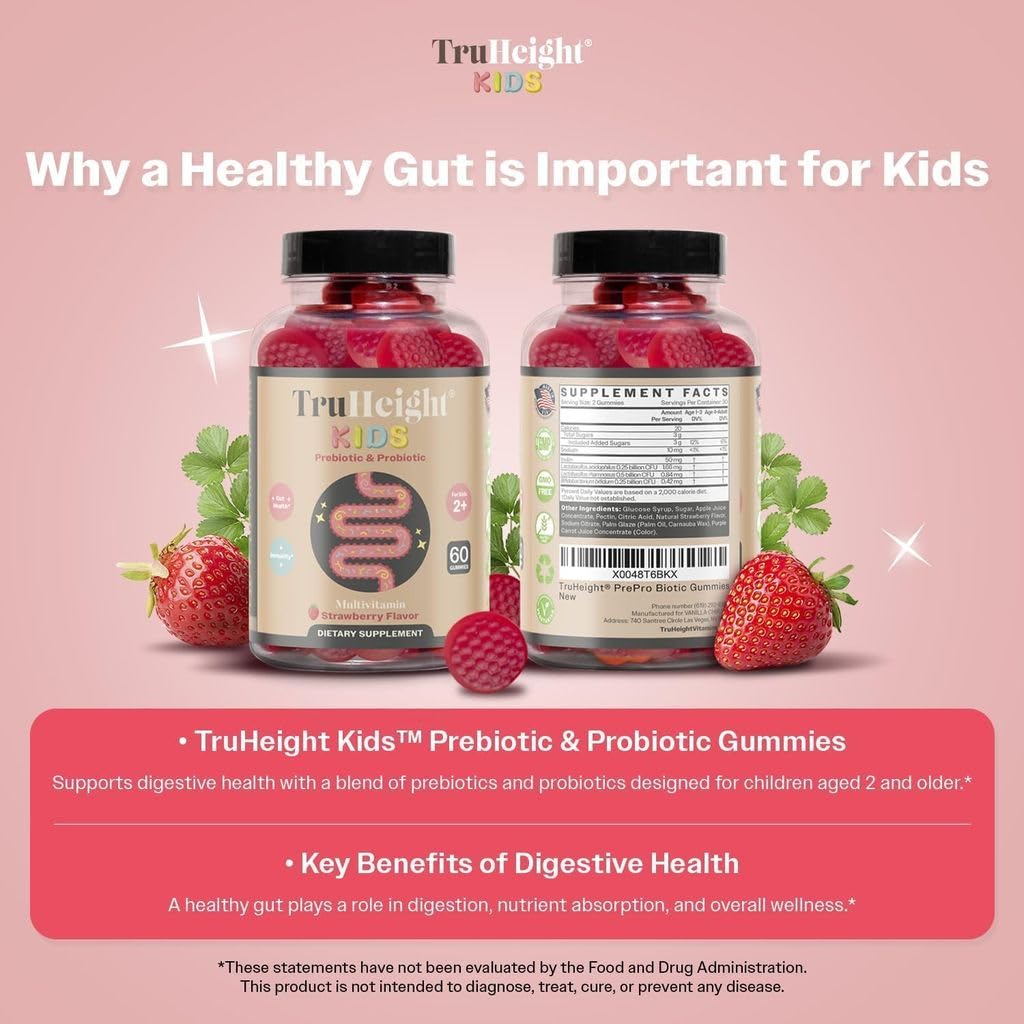 TruHeight Kids Prebiotic & Probiotic Gummies — Strawberry, Ages 2+