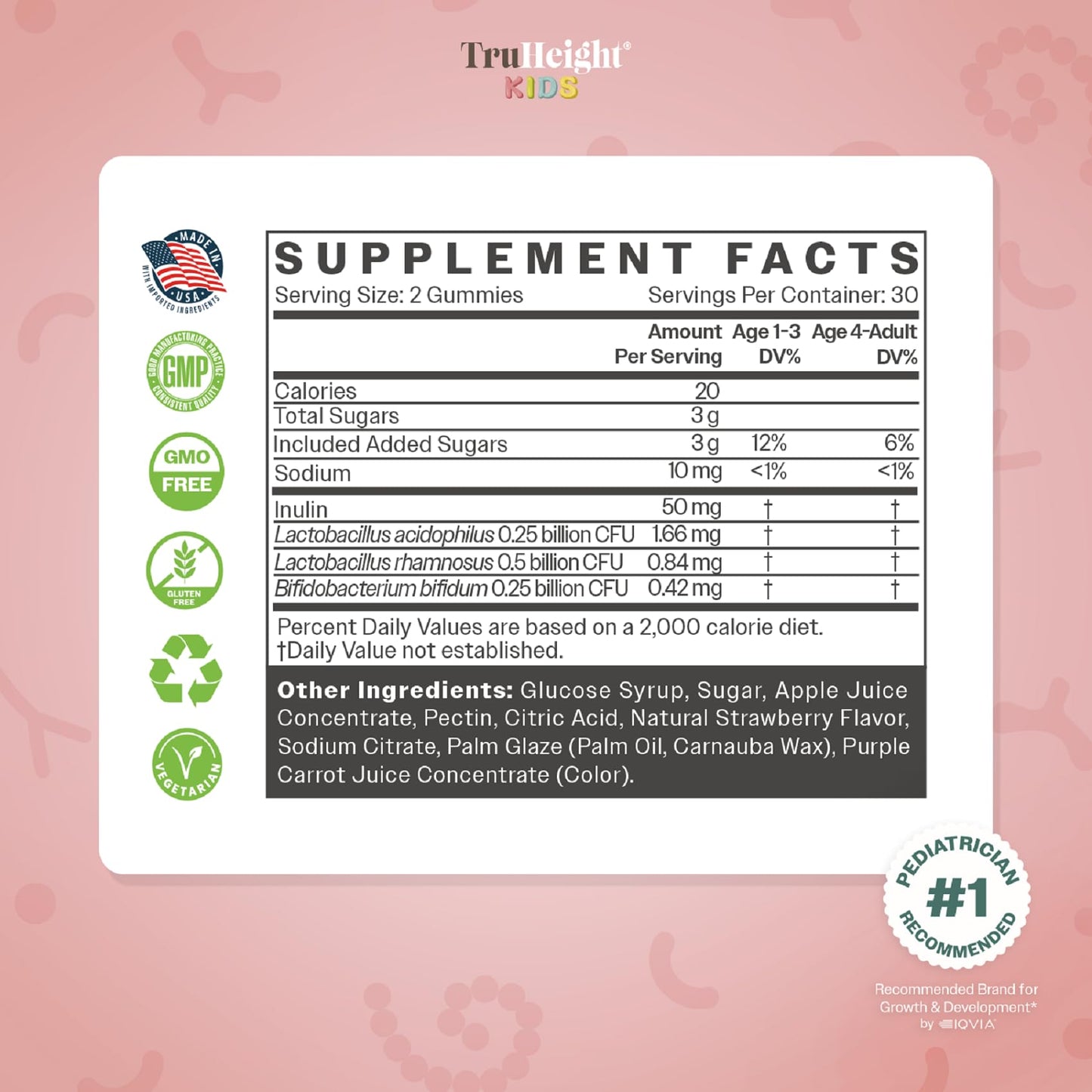TruHeight Kids Prebiotic & Probiotic Gummies — Strawberry, Ages 2+