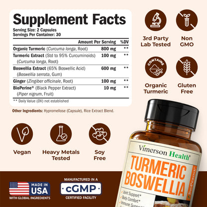 Vimerson Health Turmeric Curcumin with Boswellia & Ginger – 95% Curcuminoids | 2-Pack