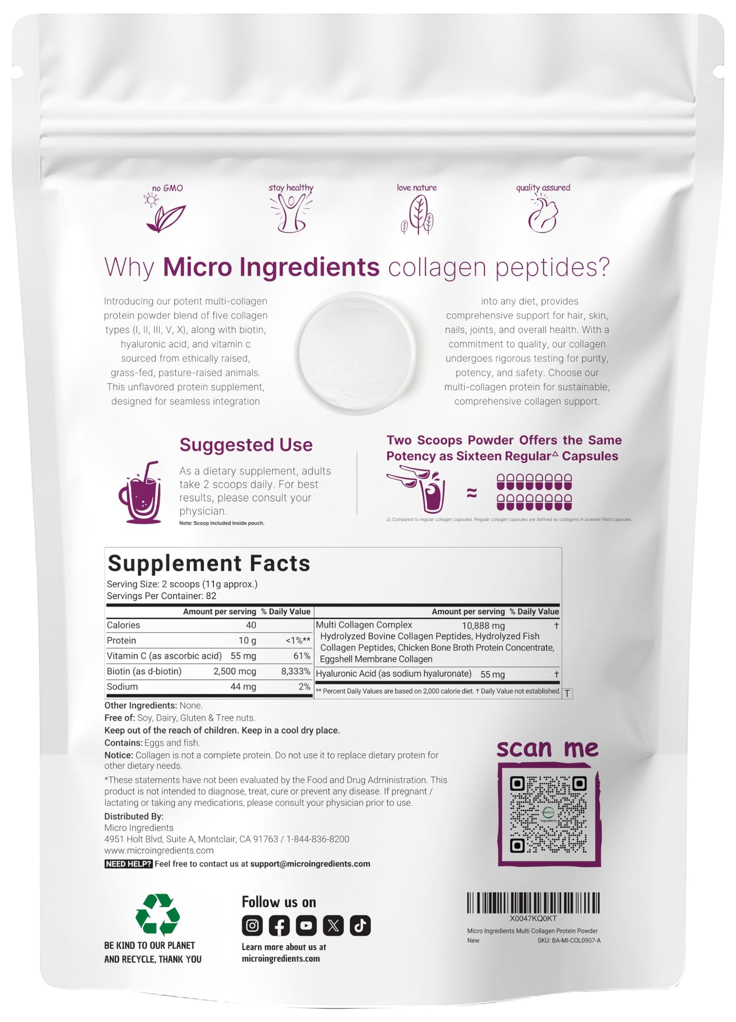 Micro Ingredients Multi Collagen Peptides Powder 2lb | Types I, II, III, V & X | with Hyaluronic Acid, Biotin & Vitamin C