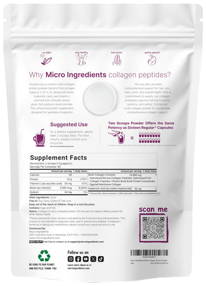 Micro Ingredients Multi Collagen Peptides Powder 2lb | Types I, II, III, V & X | with Hyaluronic Acid, Biotin & Vitamin C