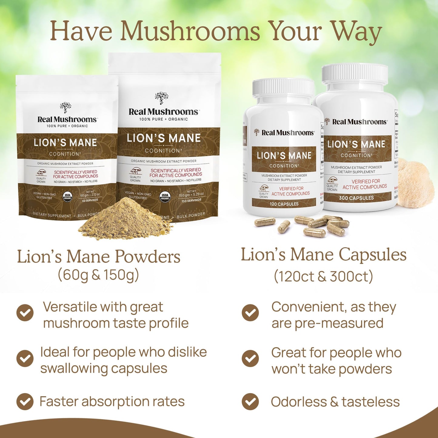 Real Mushrooms Lion's Mane Capsules 300ct | Organic USDA Beta-Glucan Rich