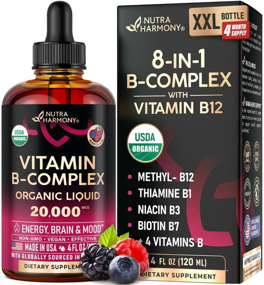 Complejo de Vitamina B Orgánico del USDA, Ácido Pantoténico B5 | B12 Metilcobalamina | B1 Tiamina | B6 Piridoxina | B7 Biotina | B9 Fólico | B3 Niacinamida - Gotas Líquidas de Complejo B, Suplemento Fabricado en EE. UU., 4 fl oz (118 ml)