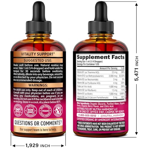 Complejo de Vitamina B Orgánico del USDA, Ácido Pantoténico B5 | B12 Metilcobalamina | B1 Tiamina | B6 Piridoxina | B7 Biotina | B9 Fólico | B3 Niacinamida - Gotas Líquidas de Complejo B, Suplemento Fabricado en EE. UU., 4 fl oz (118 ml)