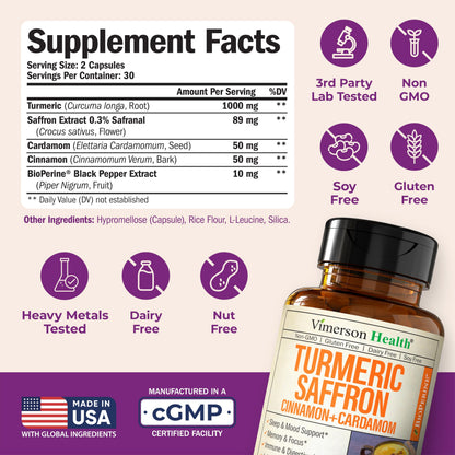 Vimerson Health Saffron Supplement – Turmeric, Cinnamon & Cardamom | 2-Pack