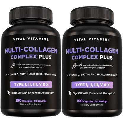 Vital Vitamins Multi Collagen Plus (2-Pack) – Biotin, Hyaluronic Acid & Vitamin C for Hair, Skin, Nails | Type I–X Collagen (Women & Men)