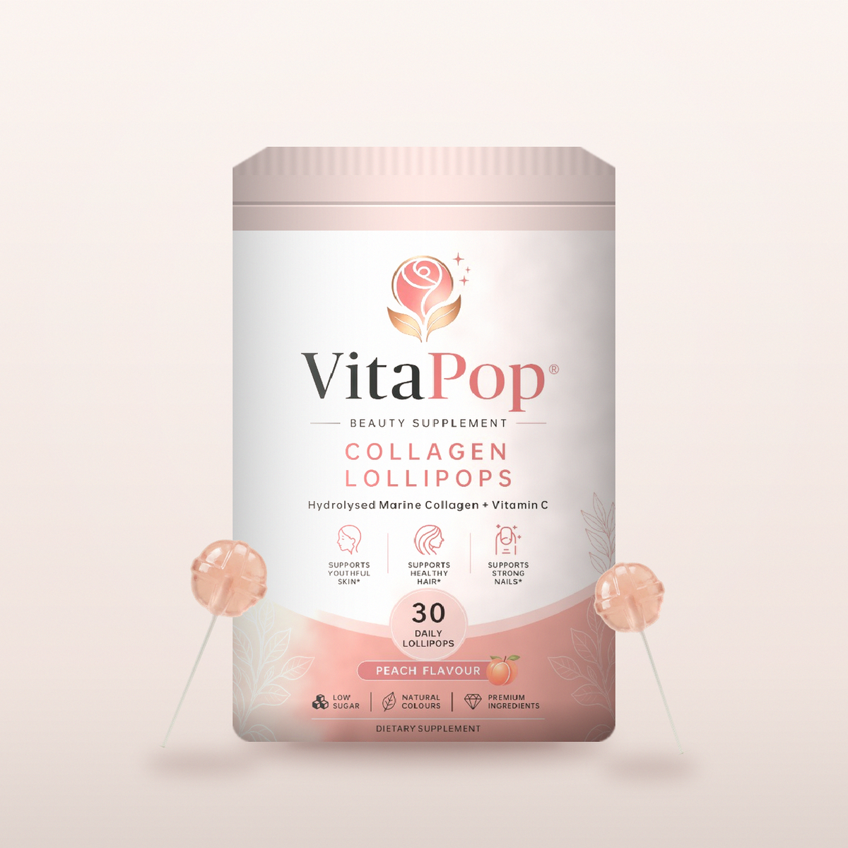 VitaPop Peach Marine Collagen Lollipops, 30 Pack
