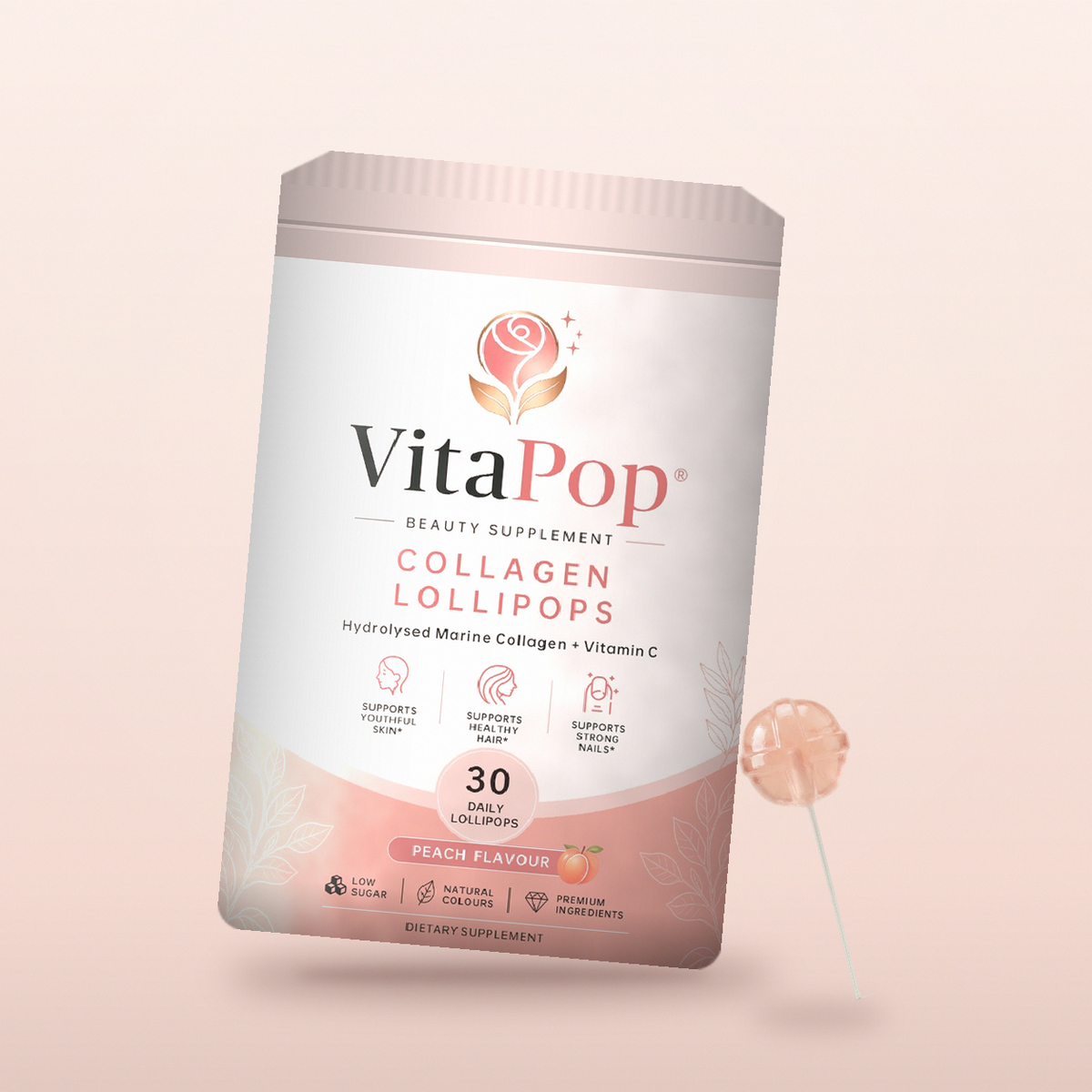 VitaPop Peach Marine Collagen Lollipops, 30 Pack