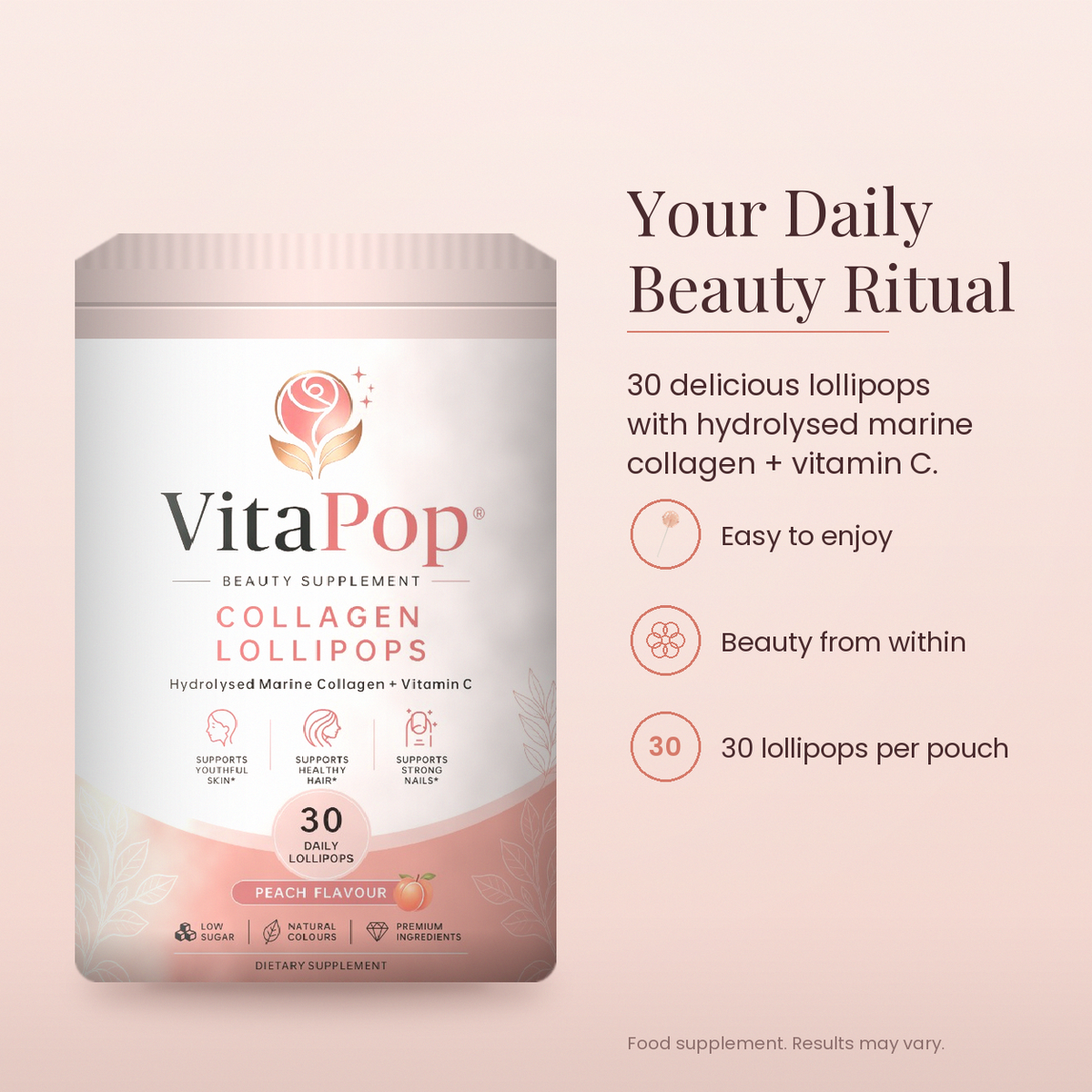 VitaPop Peach Marine Collagen Lollipops, 30 Pack