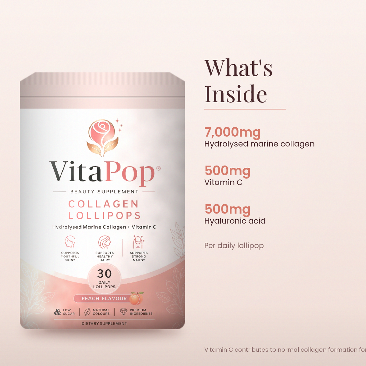 VitaPop Peach Marine Collagen Lollipops, 30 Pack
